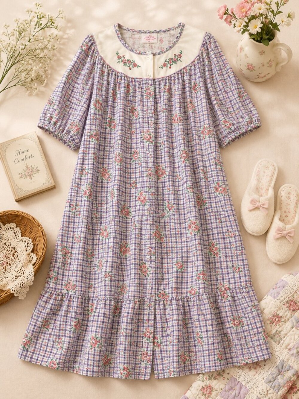 Vintage 3x Floral Plaid House Dress Moo Moo Cottagecore Lounge Dress